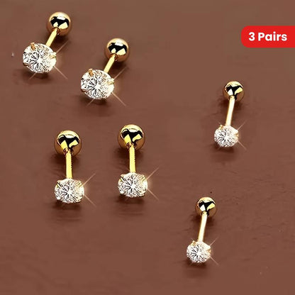3 Pairs Elegant Small Ear Studs - Stainless Steel, Hypoallergenic Cartilage Piercing Jewelry