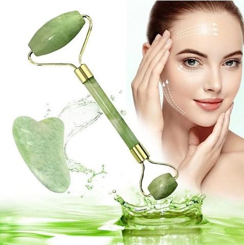 Flawless Facial Roller and Massager Tool Jade Roller Natural Stone 2 Piece Set [Q1]