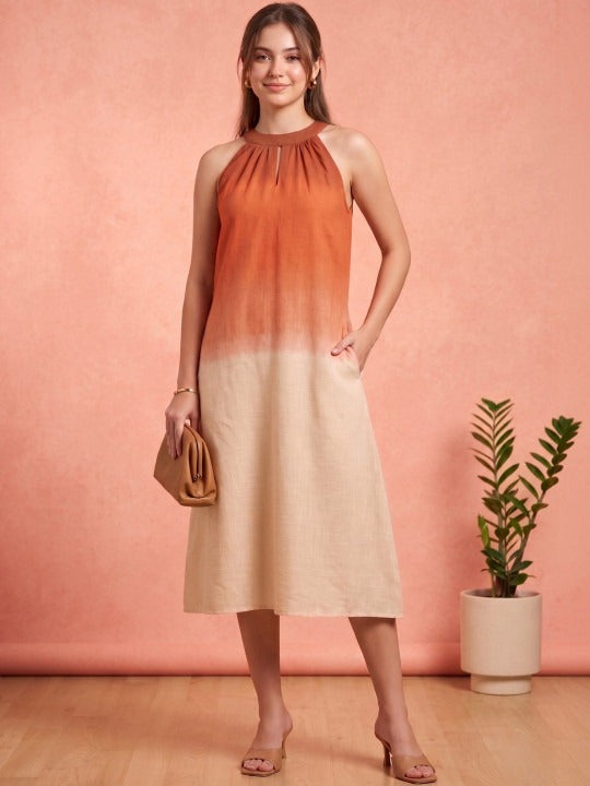 Tie and Dye Dyed Halter Neck Linen Blend a-Line Midi Dress