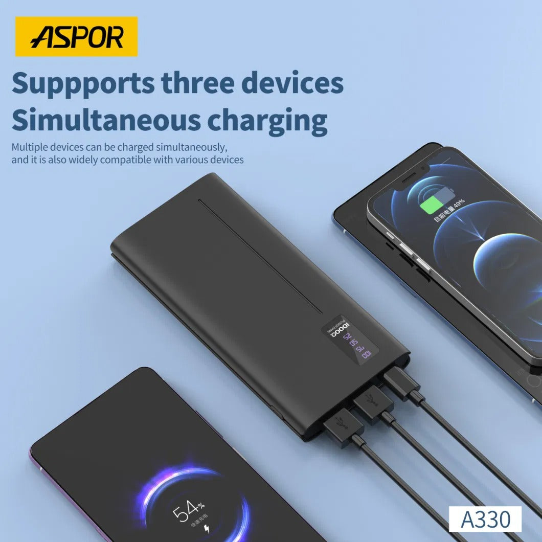 Aspor a330 10000MAh Power Bank | 12W Fast Charge Portable Charger with LED Display