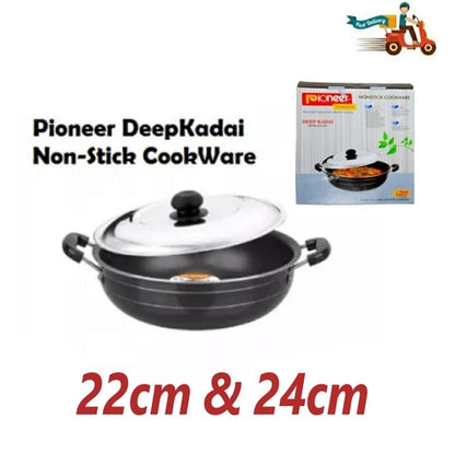 Pioneer Deep Kadai with Lid – 22Cm & 24Cm | Versatile Indian Cooking Wok for Frying & Sautéing