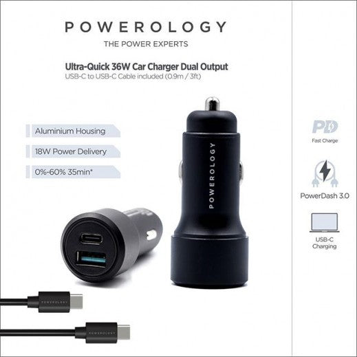 100% Genuine Powerology 36W Car Charger PD + QC3.0 With USB-C To USB-C Cable