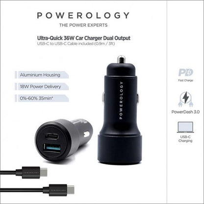 100% Genuine Powerology 36W Car Charger PD + QC3.0 With USB-C To USB-C Cable