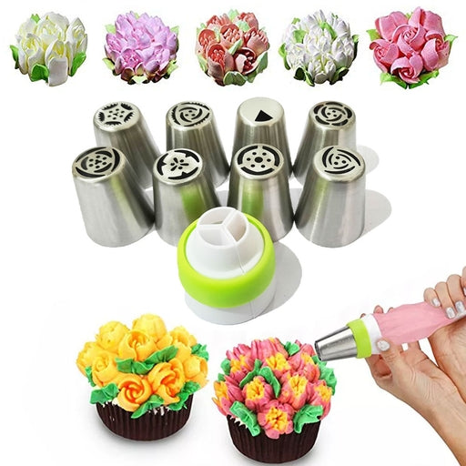 9 Pcs Set Stainless Steel Nozzle Steel Russian Tips Flower Nozzle Tools Set Cake Decorating Tips