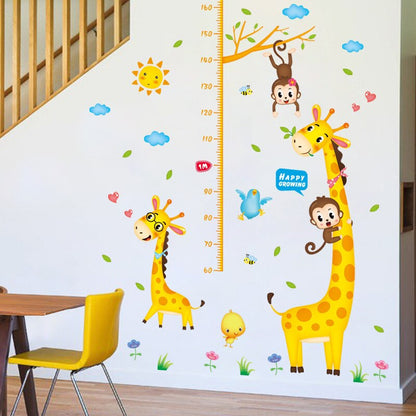 Two Giraffe with Monkeys Height Measuring growing kids measurement chart cartoon animals tree bridge baby children bedroom room wall decoration wall stickers removable kids nursery decal sticker