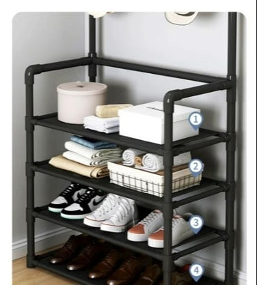 5-Tier Metal Clothes Hanger with Shoe Rack and Hooks, Multifunctional Storage Organizer