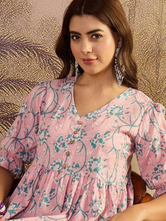 Printed Pure Cotton V-Neck Fit & Flare Maxi Dresses