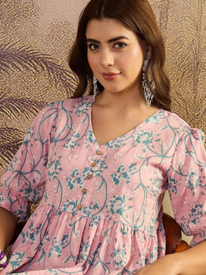 Printed Pure Cotton V-Neck Fit & Flare Maxi Dresses