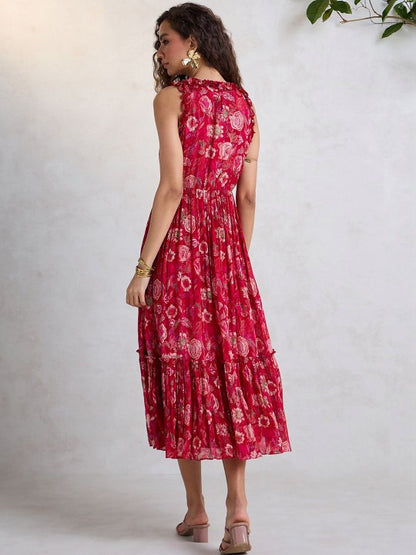 Floral Print Ruffled Chiffon Fit & Flare Midi Dress