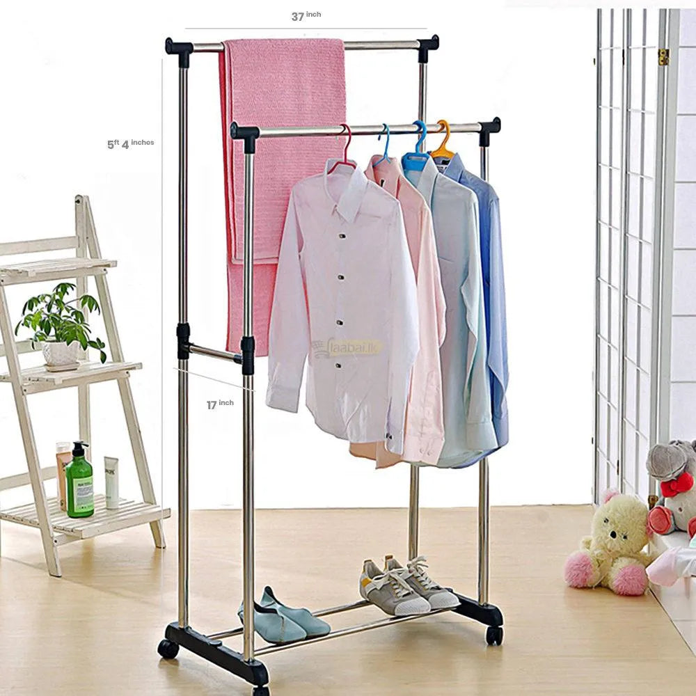 Double Pole Telescopic Clothes Hanger with Wheels | Rolling Steel Garment Drying Rack