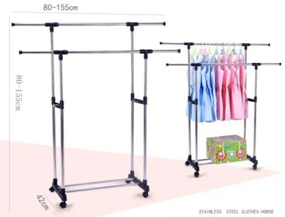 Double Pole Portable Clothing Hanging Garment Rack with Wheels