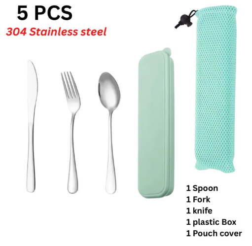 5Pcs Stainless Steel Spoon Fork Table Knife with Pouch