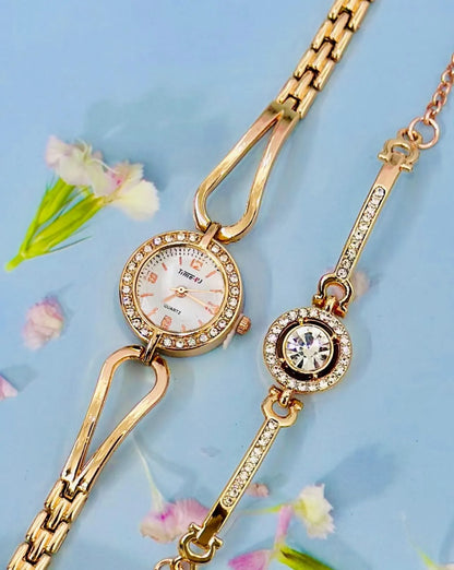 Luxury Women Shiny Bracelet Watches 2Pcs Set Gold / Silver / Rose Gold Watch