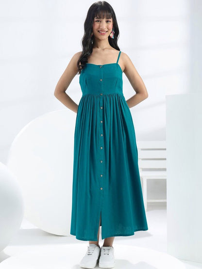 Blue Solid Cotton One-Piece Dress