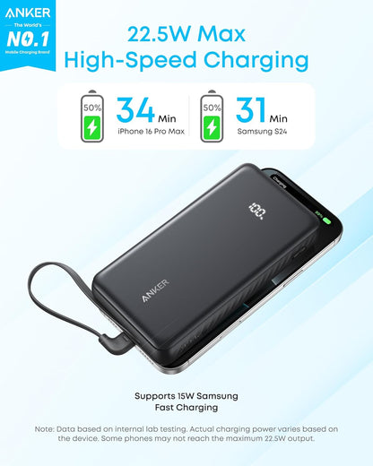 Anker A110E Zolo Power Bank, 20k, 22.5W Max, USB-C In and Out Fast Charging Battery Pack, Slim Travel Essential Phone Power Bank, For iPhone 17/16/15Series, iPad, MacBook Air, Galaxy, and More