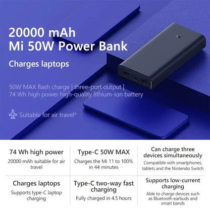 Xiaomi MI 50W Power Bank 20000mah, USB-C Input/Output Plus 2 USB-A Output, Charge 3 Devices Simultaneously, Output Up to 50W