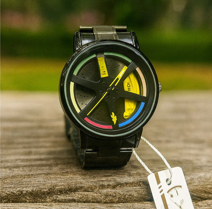 Stainless Steel Wheel Rim Style Quartz Wrist Watch – Vacuum Plated Car Hub Design