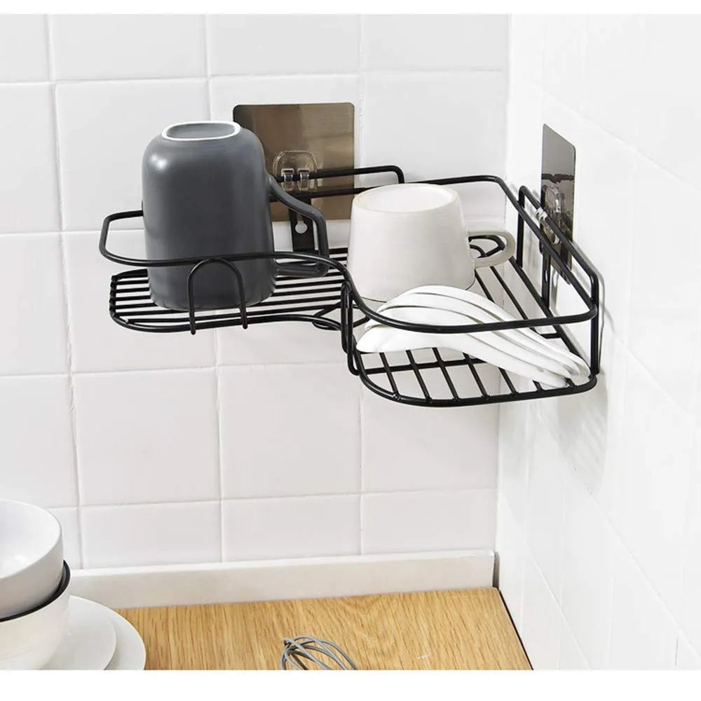 Wall-Mounted Triangle Storage Shelf with Peg Hooks | Waterproof Non-Slip Bathroom Organizer