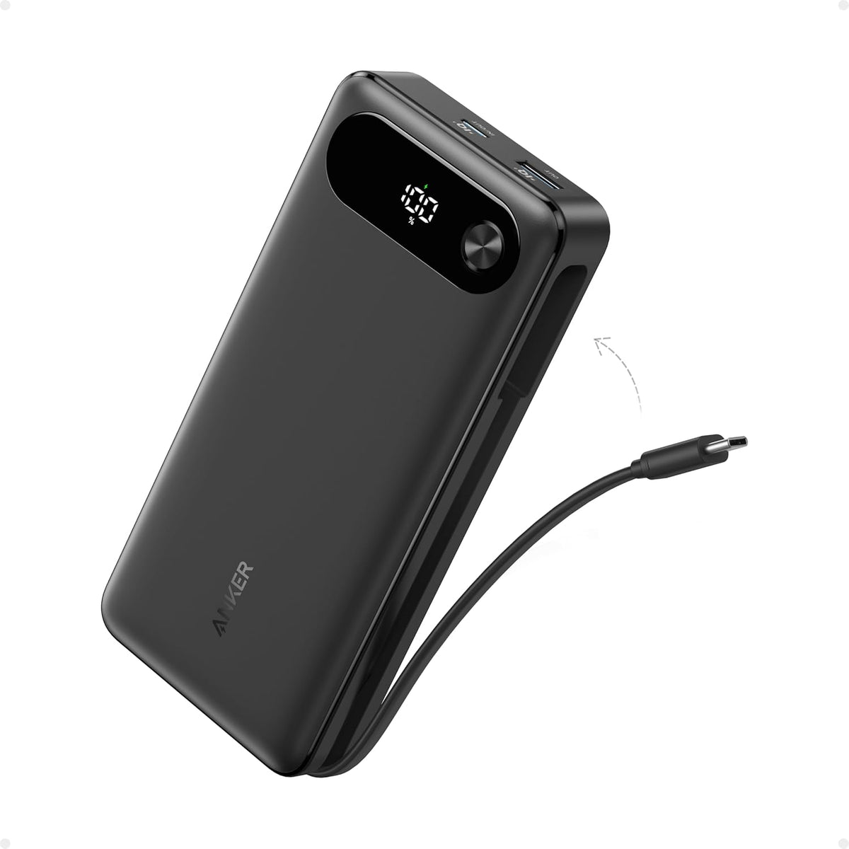 Anker Power Bank, 20,000mAh Travel Essential Portable Charger with Built-In USB-C Cable, 3-Port 87W Max Fast Charging Battery
