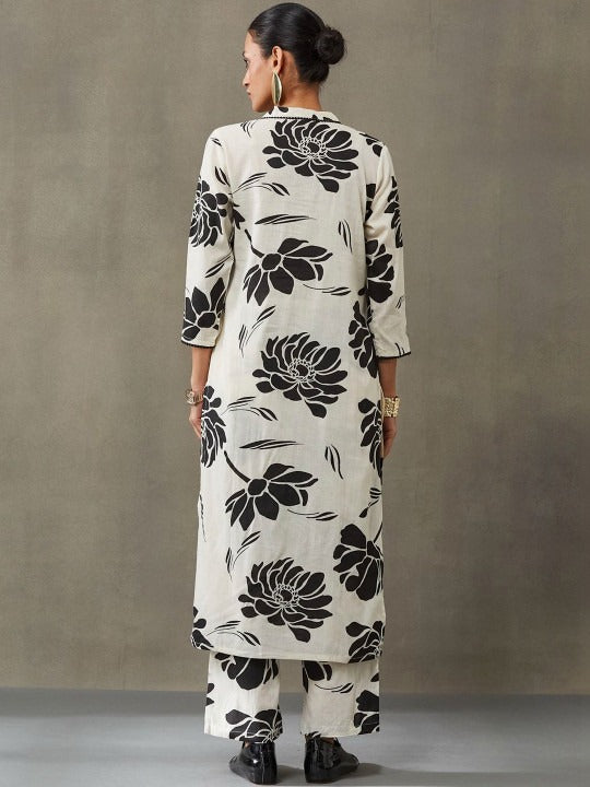 Contemporary Women Floral Printed Regular Gotta Patti Pure Cotton Kurta with Trousers