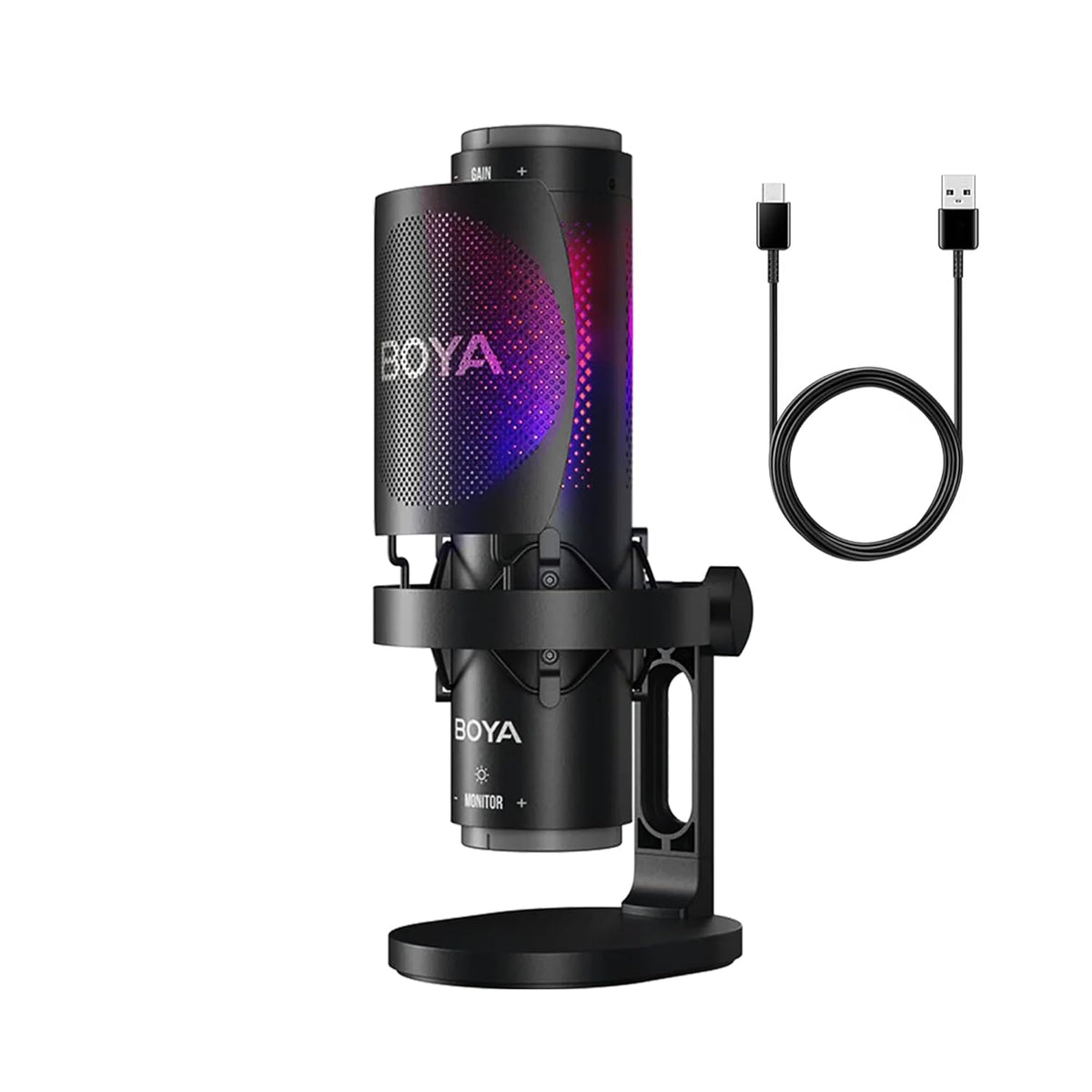 BOYA K9 RGB Gaming Condenser Mic Kit with Pop Filter, Shock Mount, Cover & USB-C Cable – Ideal Podcast Mic Set for Podcasting