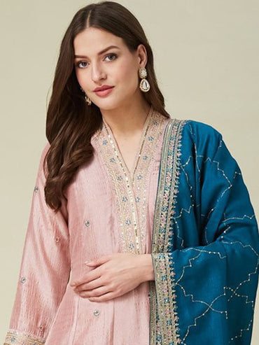 Women Silk Embroidered Anarkali Kurta and Pant with Dupatta Set