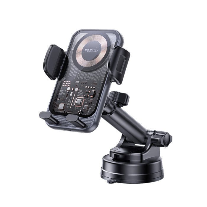YESIDO C307 360 Rotation Electric Locking 15W Wireless Fast Charging Transparent Car Phone Holder