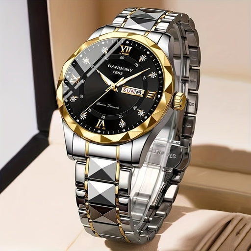 Luxury Men's Stainless Steel Quartz Watch – Waterproof, Luminous, Day & Date Display, Stylish