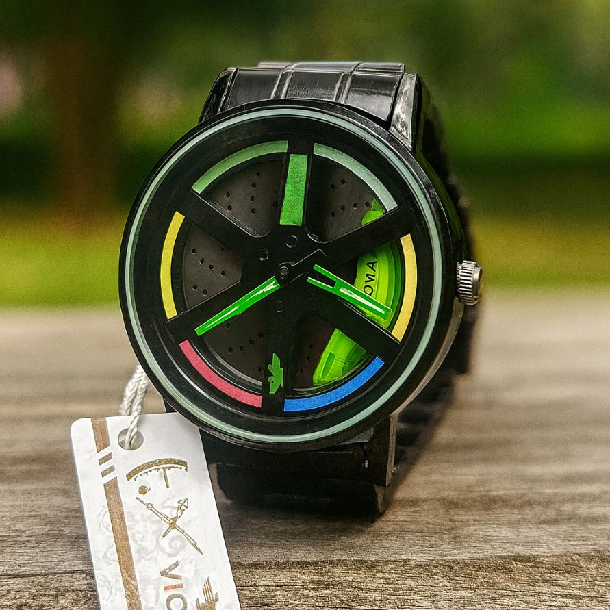 Stainless Steel Wheel Rim Style Quartz Wrist Watch – Vacuum Plated Car Hub Design