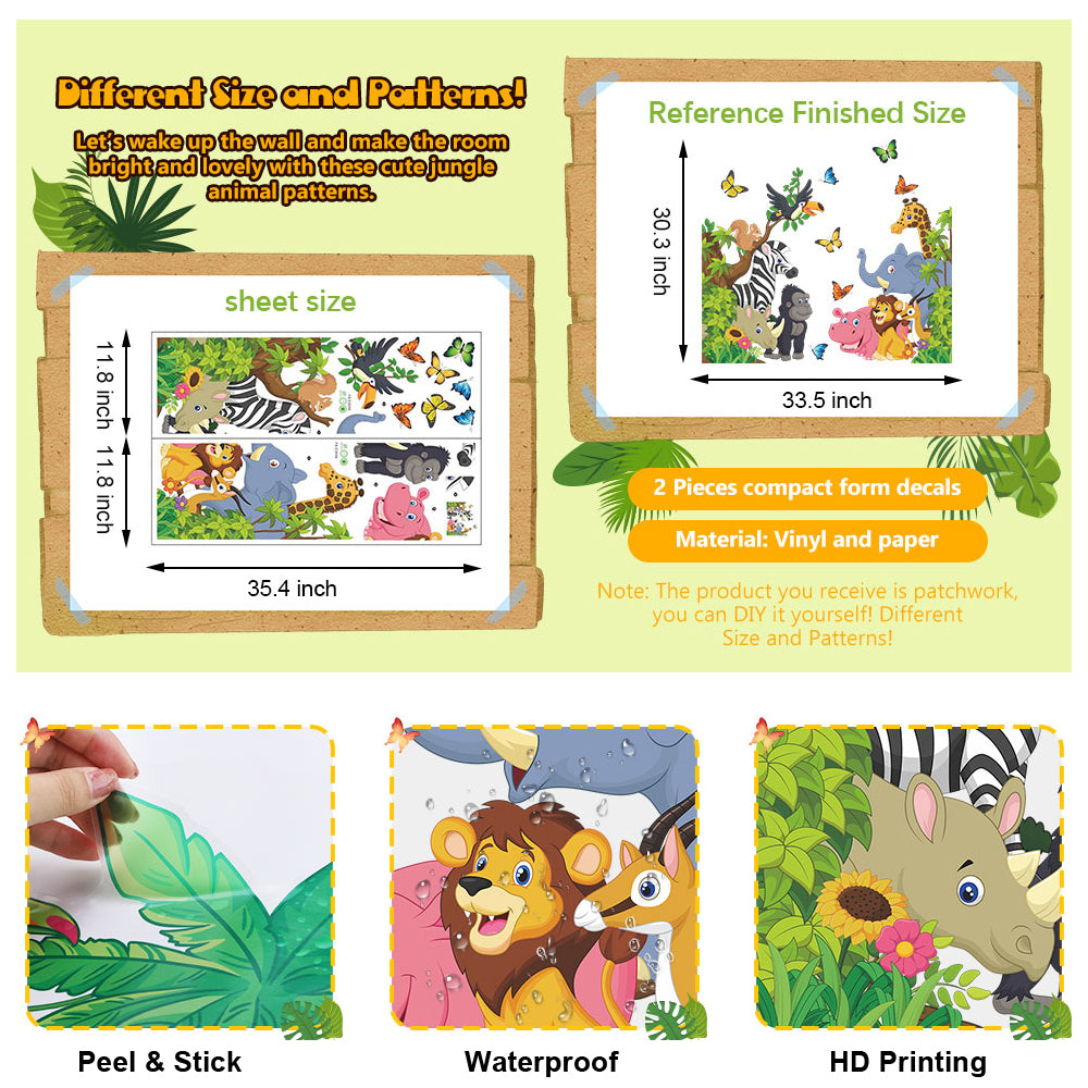Jungle Safari Tree Cartoon Animals Theme Kids Wall Art Decal Sticker Decoration for Living Room Nursery Baby Girl Boy Kid Children's Room Bedroom Decoration