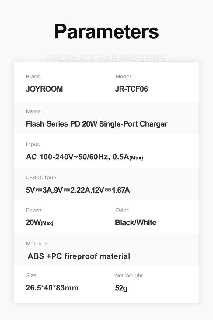 JOYROOM JR-TCF06 Flash Series PD 20W Single-Port Charger with Type-C to IP Cable