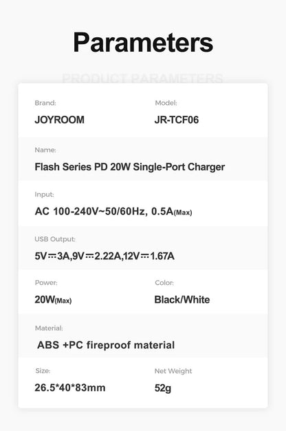 JOYROOM JR-TCF06 Flash Series PD 20W Single-Port Charger with Type-C to IP Cable