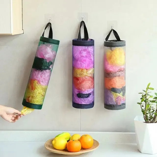 Foldable Wall-Hanging Mesh Bag Holder: Hanging Storage Rack for Kitchen Garbage Bags