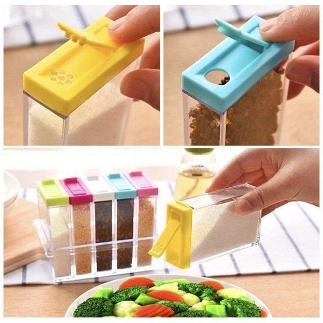 Six Piece Seasoning Container Spice Set Seasoning Six Piece Set Spice Bottle Set 6 Pcs Seasoning Condiment Storage Spice containers Square Transparent Salt Sugar Pepper Spice Jar with Tray Rack Cooking Container box spices