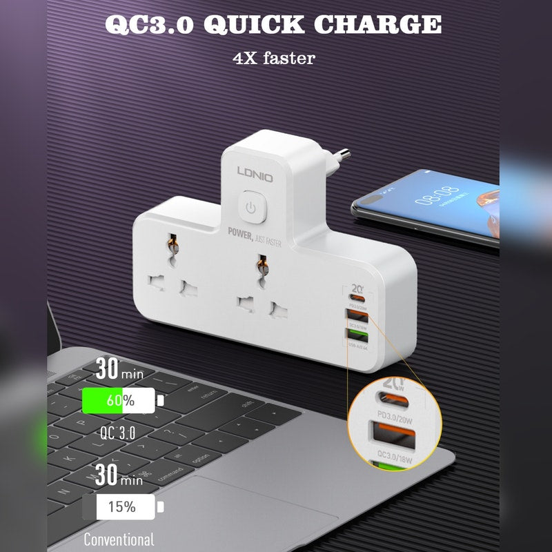 LDNIO SC2311 20W Type-C + 2 USB PD & QC3.0 Charger Extension 2 Way Power Socket with Touch Control Night Lamp