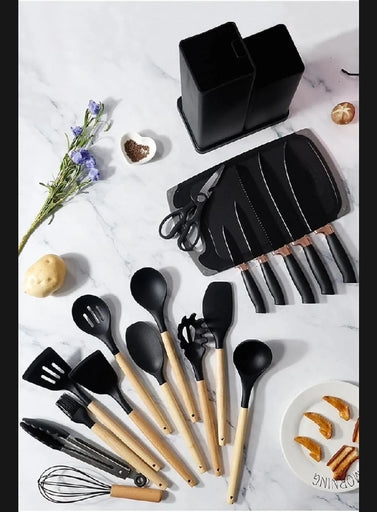 19PCS Silicone Kitchen Utensils Set Non-Stick Cookware Spatula Wooden Handle SMT