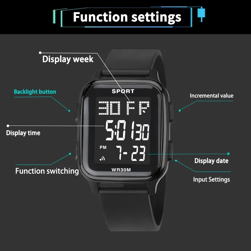 LASIKA Outdoor Sports Multi-Function Electric Watch Student Men's Silicone Strap Digital Wristwatch