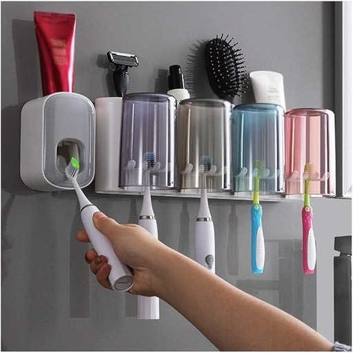 Space-Saving Toothpaste Squeezer and Automatic Dispenser with Multi-Functional Toothbrush Holder