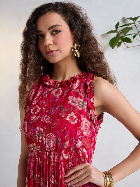 Floral Print Ruffled Chiffon Fit & Flare Midi Dress