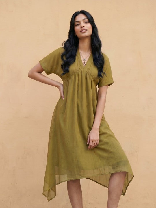Striped V-Neck Extended Sleeves Gathers a-Line Midi Dress