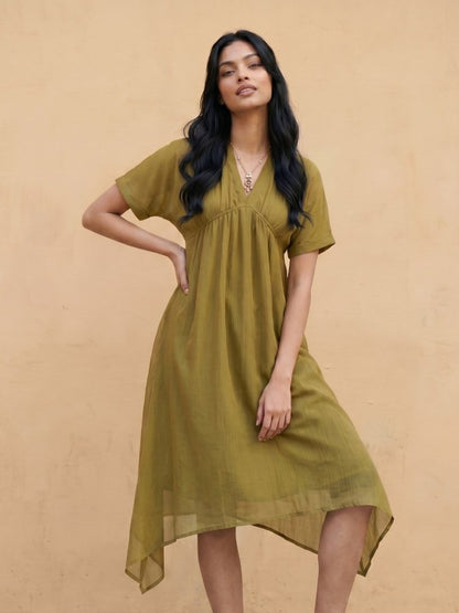 Striped V-Neck Extended Sleeves Gathers a-Line Midi Dress