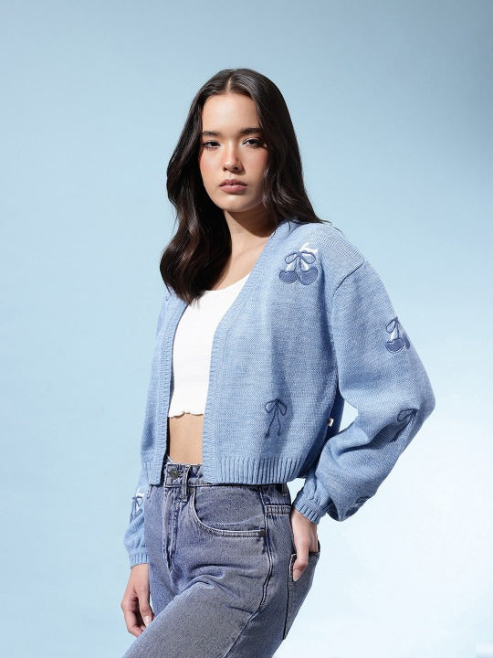 Crop Front Open Conversational Print Sweater with Embroidered Detail