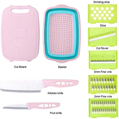 9 In 1 Multifunctional Fruit & Vegetable Slicer Kit , Includes Foldable Cutting Board, Drain Basket