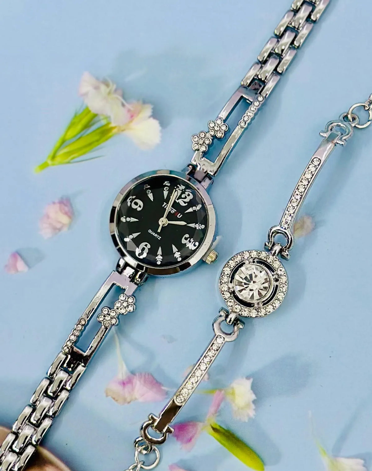 Luxury Women Shiny Bracelet Watches 2Pcs Set Gold / Silver / Rose Gold Watch