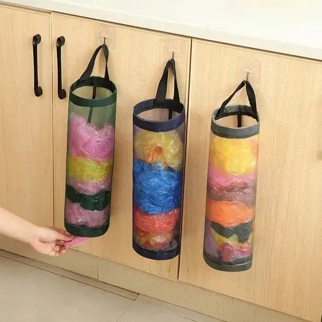 Foldable Wall-Hanging Mesh Bag Holder: Hanging Storage Rack for Kitchen Garbage Bags