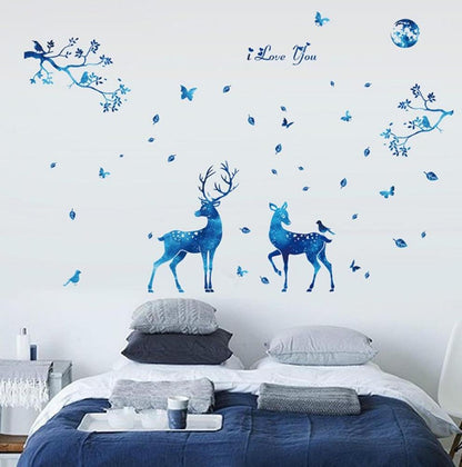Attractive Blue Deer with Blue Tree Butterfly Sticker room wallpaper bedroom nursery kids room decoration Wall Stickers
