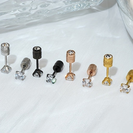 4Mm White Synthetic Zirconia Floral Relief Earrings with Threaded Ear Plugs for Women