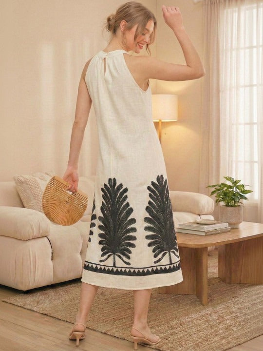 Floral Embroidered Halter Neck Linen Blend Midi Dress