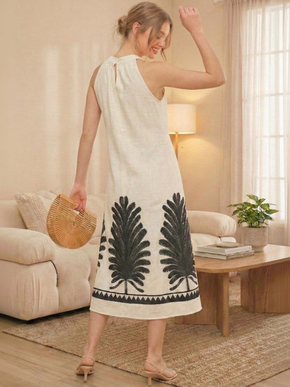 Floral Embroidered Halter Neck Linen Blend Midi Dress