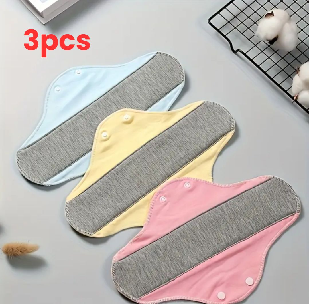 3Pcs Reusable Menstrual Pads – Washable Leakproof Fabric Liners for Periods & Light Incontinence